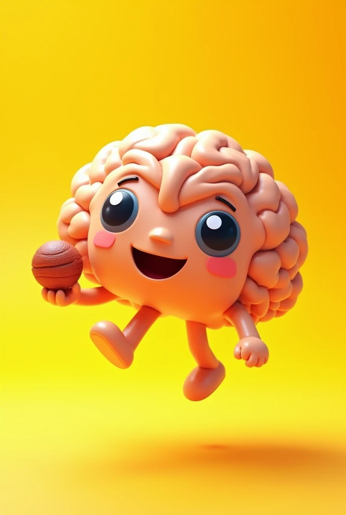 Cartoon Brain, yellow backdrop, floating, with a planet in hand, no body
