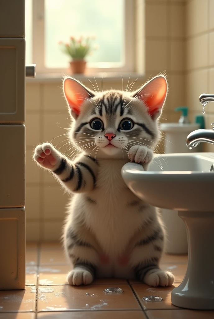 There's a cat and she's washing the washroom washing washing