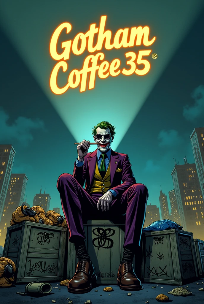 gotham city la nuit avec un projecteur sur un toit qui projette dans le ciel au dessus un logo blanc avec ou il y'a écrit dessus Gotham Coffee35 et il y'a le joker qui fume un cigare assis sur le projecteur sur le toit avec une paire de lunettes ???? avec des caisses ou dessus il y'a tagé une feuille de weed et des sac remplie de cannabis et de poudre blanche et de petit rectangle marron empiler a coter de lui en cartoon