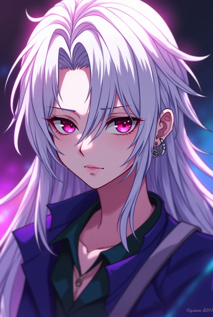 A BOY MALE GENDER,white hair,pink eyes,white eyelashes and eyebrows,with a calm, relaxed and calm expression,light skin tone,very beautiful,straight but long hair and violet highlights,that his appearance is more masculine and that he has two silver hoops in his ear,and also that he has a mole under his eye,all this in the drawing style of ONE PIECE