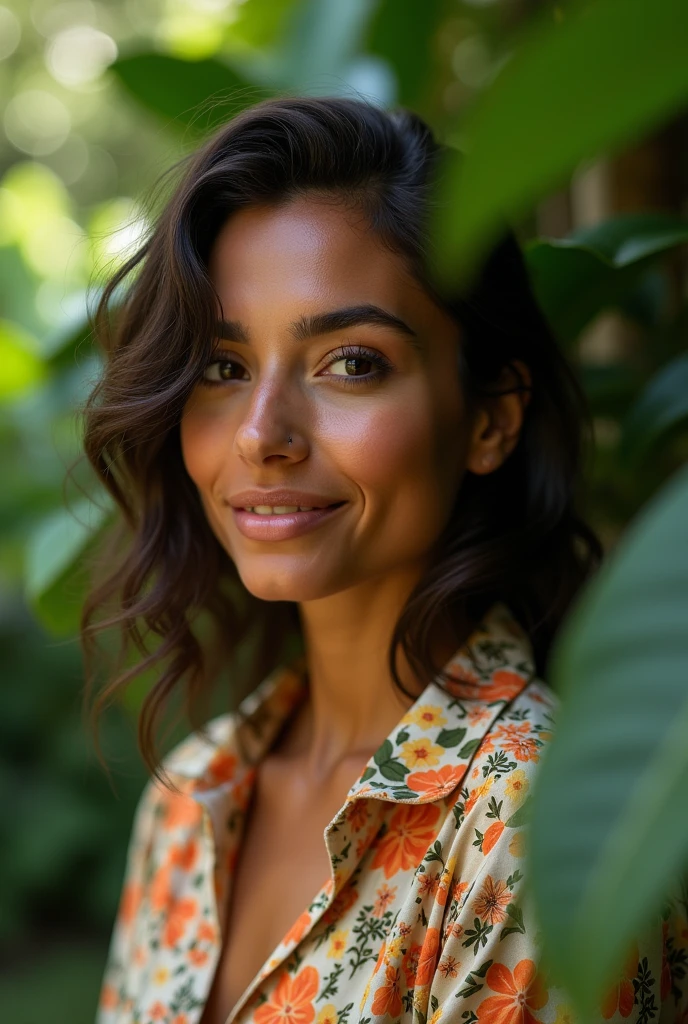 A Brazilian woman in a lush tropical garden, wearing an open shirt with a floral print, with a close-up capturing the harmonious beauty between her breasts and the natural flowers, showing off your natural charm and outgoing personality.