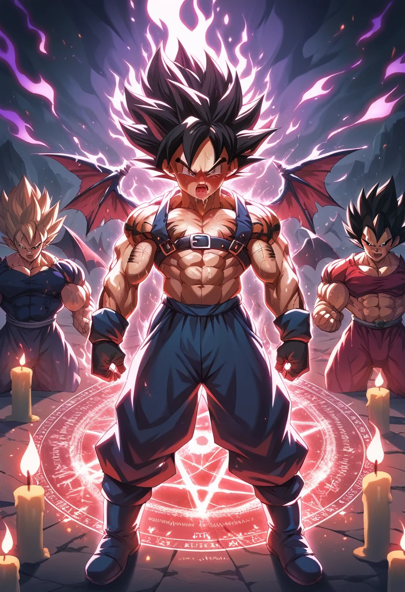 Huge muscles,Crying face,Lots of drool and sweat,Harness,Young face,teenager face,Huge erect penis,Full body image,Young body,Muscular legs,Wearing boots,Large, toned muscles,Goku,super saiyan,Imminent sexual activity,Demon body, wings and horns,Shaking violently,Group Sex,Obscene tattoos,Fantastic magic circle,Lots of ceremonial candles,Flickering flames,Combat start,Ekiben,Massive ,Wrapped in a huge purple flame,Red glowing eyes