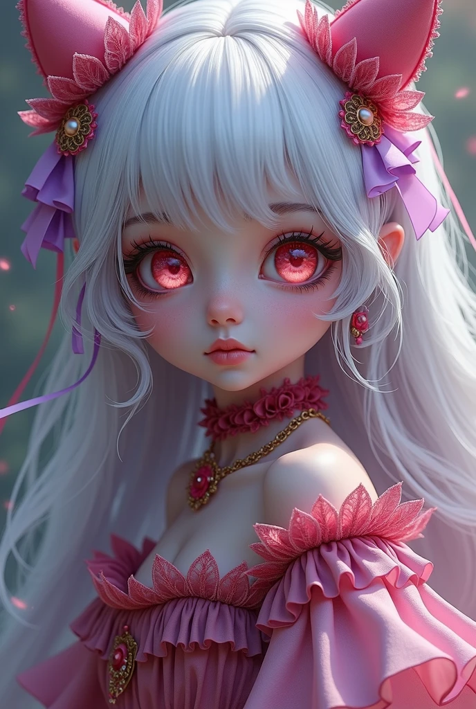 A girl with half-twin hair, some of which is dyed pink and purple, with white hair.。Red eyes and droopy eyes。She wears clothes with lots of frills and ribbons.