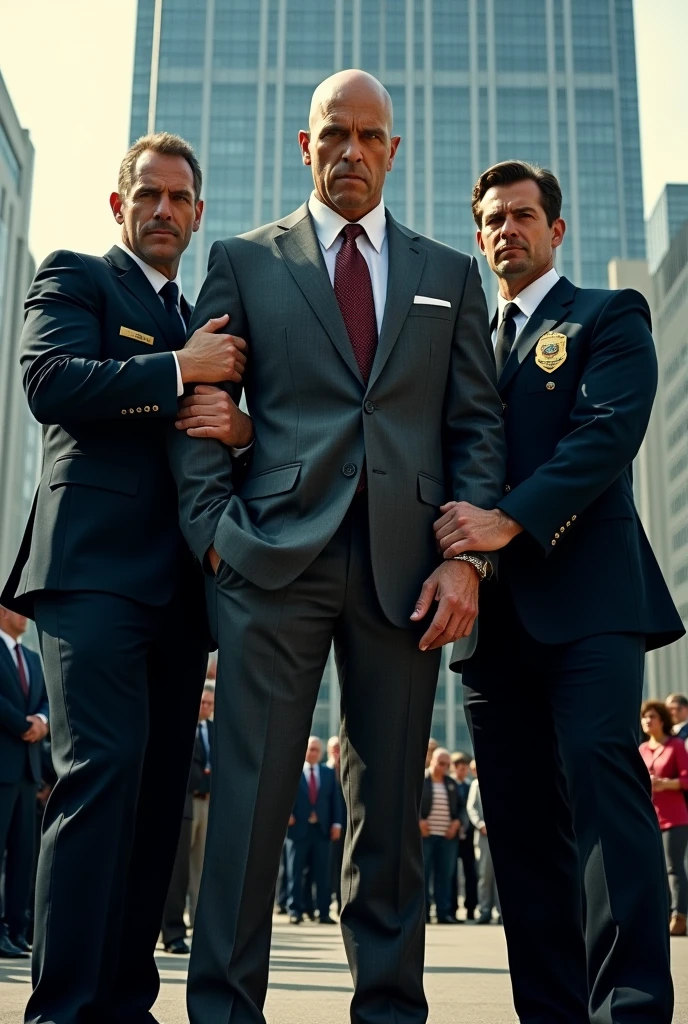 "Lex Luthor, a tall, bald man in a sharp business suit, is being handcuffed by two stern-looking police officers. Lex's expression is a mix of anger and defiance as the officers restrain him. The scene takes place outside a large, modern building, possibly a skyscraper, with a crowd of onlookers in the background. The police officers are in full uniform, one holding Lex's arm tightly while the other secures the handcuffs. The atmosphere is tense, with a sense of justice being served."