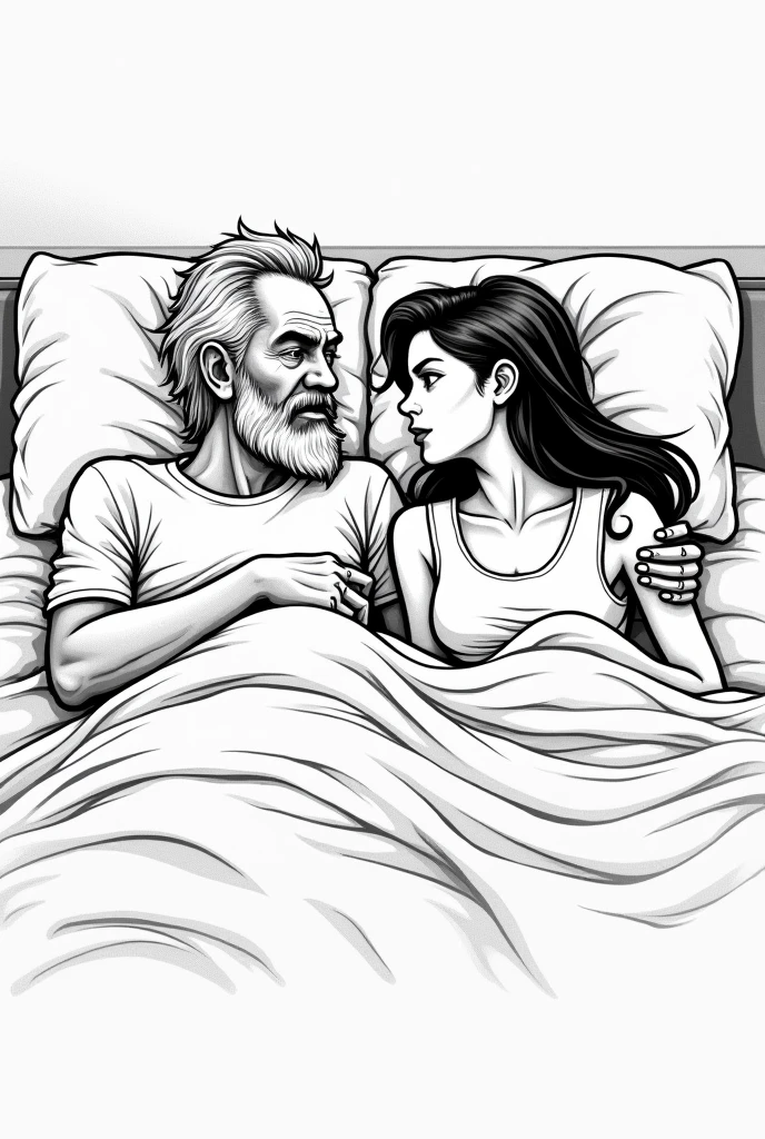 Make a black and white drawing, easy to draw, of an older man with a beard and a woman both lying in bed in their room with their mouths as if they were talking and their eyes open