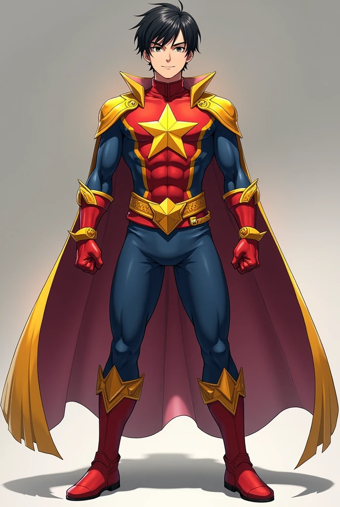 Please draw a realistic full-body character according to the following instructions.「Starlight」This is the hero's explanation.。
1. **Character appearance**:
- **Age and Race**: A young man of Japanese appearance, about 2。
- **Facial features**: A handsome man with a salty face、シャープなFacial features。Well-formed eyes and nose。
- **Hairstyle**: Short black hair。
- **Body Type**: slim and muscular。
2. **Costumes**:
- **tone**: Red and blue are the main。
- **Chest Emblem**: Yellow star。
- **accessories**: Yellow belt with stars、Red gloves and boots。
3. **ポーズとexpression**:
- **gesture**: Guts pose with right hand。
- **expression**: Smiling gently、Be friendly and reassuring。