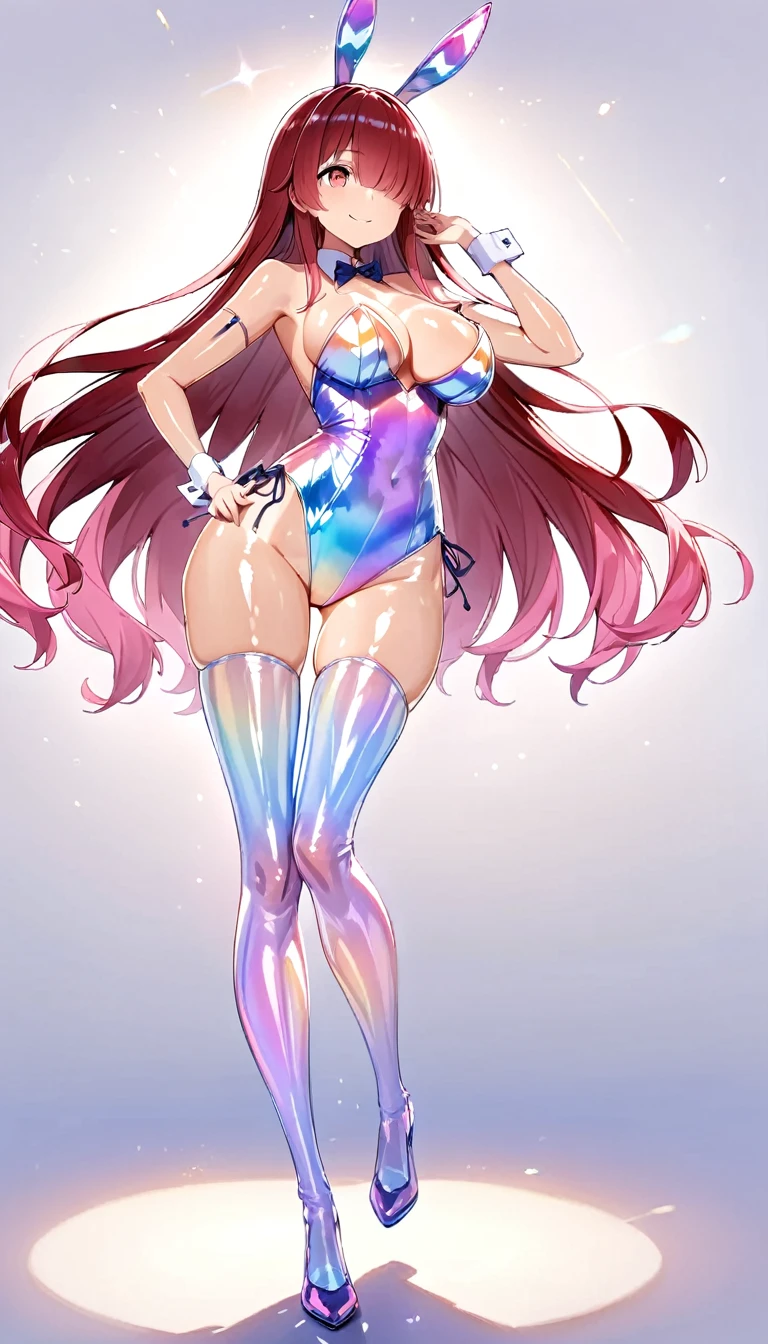 (high detail, high quality, best picture quality, masterpiece, 8K), DOF, Focus on the face, from below, at a medium distance, in a rule of thirds composition, full body standing, ((very pretty girl in her early s is looking up at the sky with a gentle smile/big bust/dark red eyes/Sparkling Eyes/Iridescent long hair/hime cut hair)), hair over one eye, play boy bunny, mesh stockings, shiny glossy iridescent clothes, shiny glossy latex gradient iridescent clothes, shiny reflective clothes, transparent clothes, intimate clothing, glass texture, gradient translucent glass melt, dynamic posing, exciting mood, smiling, dynamic angle, sexy pose,
