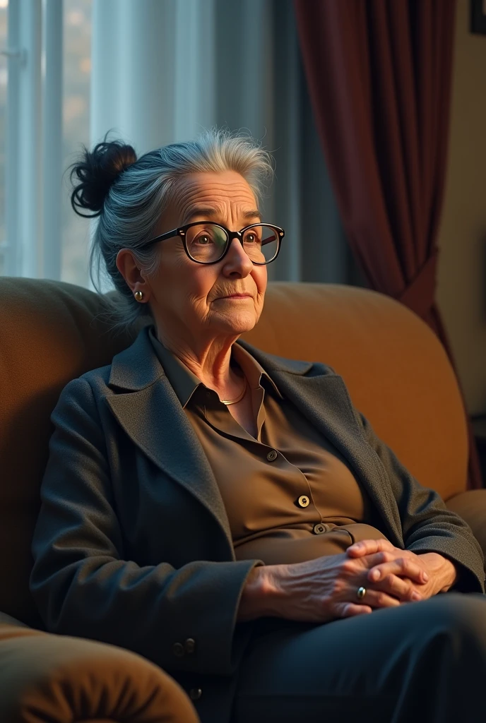 Elderly woman with wrinkles, curtain, with black hair tied up, com olhos castanhos, and wearing glasses, wearing a gray coat with a brown blouse, sitting on the couch watching a soap opera