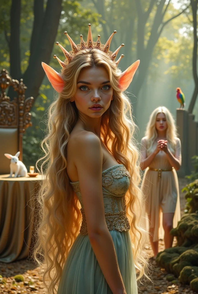 "A full-body shot of a realistic fairytale scene in a magical palace in a beautiful magical forrest, bathed in sunlighting."Beautiful pastel colour pallette. "A fairy queen 1 with realistic striking big blue eyes with eye makeup and a serious, direct gaze at the camera with golden extra long hair, "doing hand stand with both hands", wearing a thin blue/green dress" "Her rose-gold delicade fairy-crown, is hanging by the ends of her hair" " A Fairy queen 2 with golden-brown long curly hair in a thin light blue dress is standing by clapping her hands, looking at fairy queen1 with staring thorough detaled blue bright eyes and shocked look with open mouth, perfect shaped pearly white teeth and pursed lips". "Singing fairy3 with a long white hair in a sheer golden wet transparent dress outfit, big breasts, thin waist, big butt, looks provocative with her mouth almost sedusive at fairy queen 2 laughing." "The lighting is natural and bright, highlighting their features and casting a soft glow around their hair, creating a high-contrast effect that emphasizes the subject's presence. " "Elf king is sitting on a royal chair in a elfie chlothes." "A white rapid sits in on a decorative dining table1:1" "while a rainbow colored bird perches on the top of the thin royal thrown". The scene includes a messy fairy queens in a beautiful and magical forrest palace. "The vast environment paints a magical but weird admosphere". # Configuration settings clip_guidance_scale = 20 # High adherence to the detailed prompt, emphasizing facial features hr_scale = 2.0 # High resolution to capture intricate details in the hair and face. hr scale =2.0 # Perfect human female body. Best hands 1:1, super realistic hair 1:1, hyper realistic eyes 1:1, extra detailed delicate moist skin, most detaled and realistic face 1:1. #A realistic stage with thorough details and clear focus on the queens. Perfect feet, hands and arms and legs and toes. 'Not to many arms or deformed legs'.