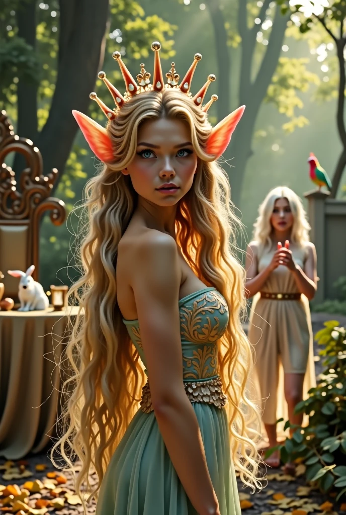 "A full-body shot of a realistic fairytale scene in a magical palace in a beautiful magical forrest, bathed in sunlighting."Beautiful pastel colour pallette. "A fairy queen 1 with realistic striking big blue eyes with eye makeup and a serious, direct gaze at the camera with golden extra long hair, "doing hand stand with both hands", wearing a thin blue/green dress"  "Her rose-gold delicade fairy-crown, is hanging by the ends of her hair" " A Fairy queen 2 with golden-brown long curly hair in a thin light blue dress is standing by clapping her hands, looking at fairy queen1 with staring thorough detaled blue bright eyes and shocked look with open mouth, perfect shaped pearly white teeth and pursed lips". "Singing fairy3 with a long white hair in a sheer golden wet transparent dress outfit, big breasts, thin waist, big butt, looks provocative with her mouth almost sedusive at fairy queen 2 laughing." "The lighting is natural and bright, highlighting their features and casting a soft glow around their hair, creating a high-contrast effect that emphasizes the subject's presence. " "Elf king is sitting on a royal chair in a elfie chlothes." "A white rapid sits in on a decorative dining table1:1" "while a rainbow colored bird perches on the top of the thin royal thrown". The scene includes a messy fairy queens in a beautiful and magical forrest palace. "The vast environment paints a magical but weird admosphere". # Configuration settings clip_guidance_scale = 20 # High adherence to the detailed prompt, emphasizing facial features hr_scale = 2.0 # High resolution to capture intricate details in the hair and face. hr scale =2.0 # Perfect human female body. Best hands 1:1, super realistic hair 1:1, hyper realistic eyes 1:1, extra detailed delicate moist skin, most detaled and realistic face 1:1. #A realistic stage with thorough details and clear focus on the queens. Perfect feet, hands and arms and legs and toes. 'Not to many arms or deformed legs'.