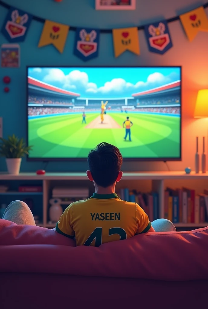 A adult boy sitting on a sofa and watching Australia cricket match on big led TV. he is wearing Australian team jersey with “Yaseen” name and 42 number written on his back of t shirt. room is decorated like a cricket fan like a cartoon