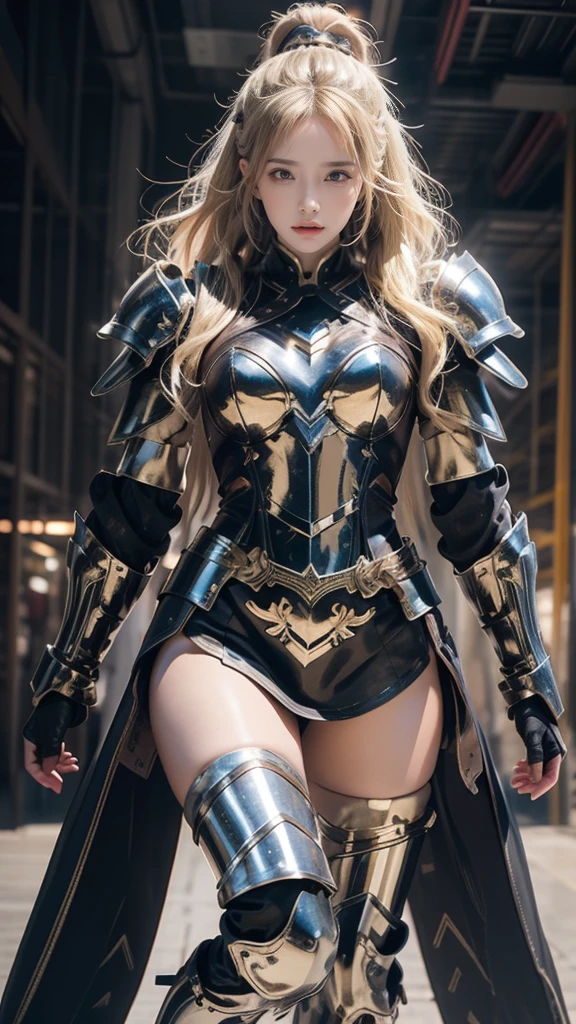 masterpiece，High-definition CG illustration，Beautiful Female Warrior，Detailed eyes and face，Tall figures，Blonde，Full Armor Equipment，Super Long Boots，Wear knee-length boots，Above the knee stockings，Bright armor color，Exquisite decoration，General temperament，Tall figures，Wide ass，Thick legs，A magnificent sight，Facing war