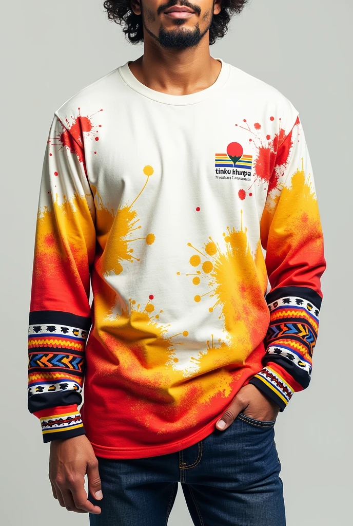 A long-sleeved T-shirt with a white base color and adding the red color, bright yellow and orange that says Tinku Khunpa small on the right side and that have things that represent Bolivia