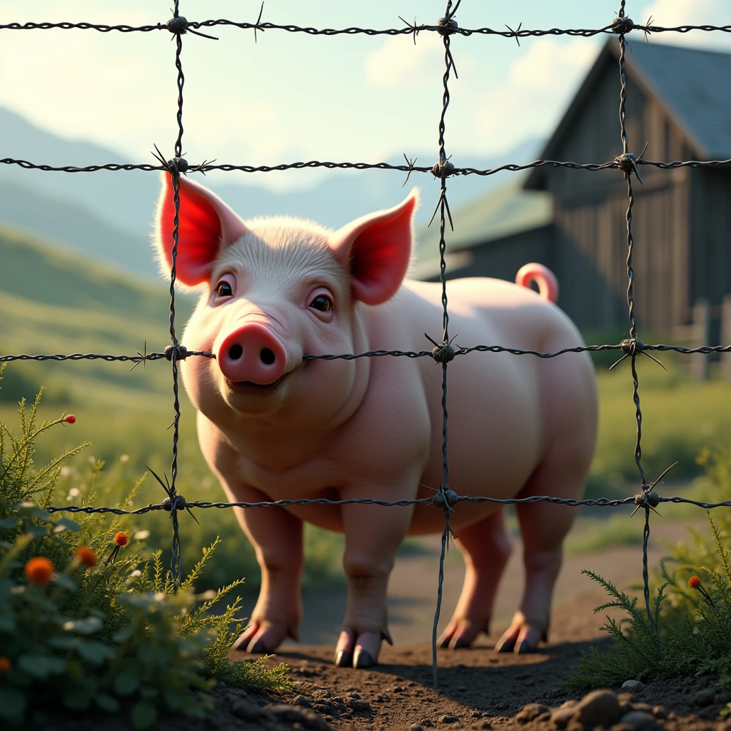 a wire mesh fence with a large pig in the background on a farm, ultra realistic, 32k,