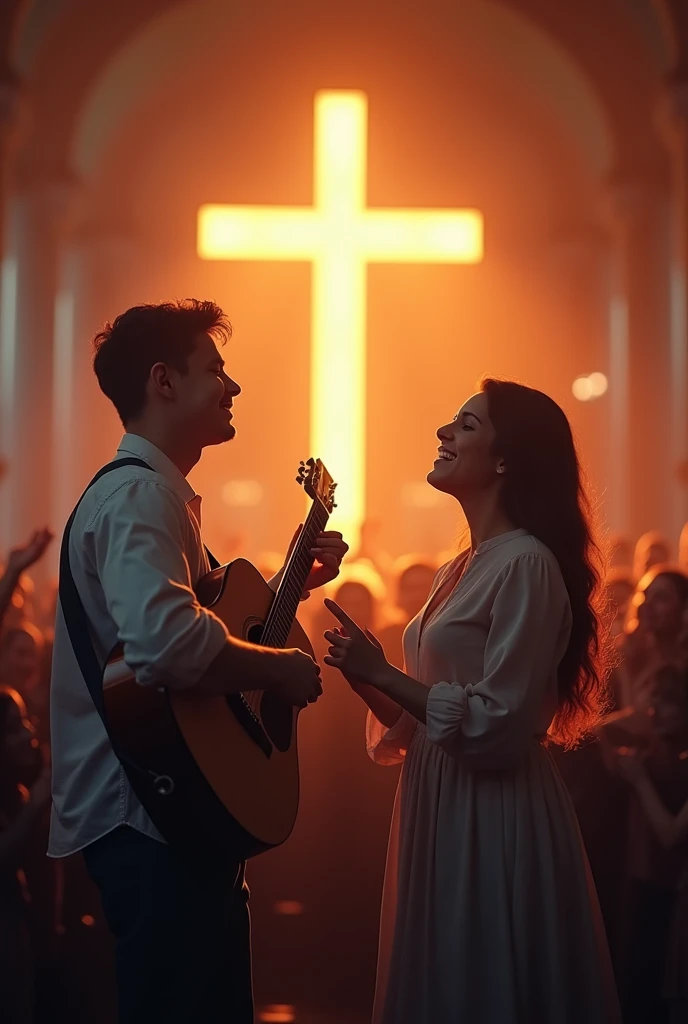 Create an image of a young Christian man mid 20s playing guitar, a young Christian woman mid 20s singing on microphone and worshiping in a church worship setting, with the congregation actively participating in the background. add text: "Transform Your Worship with Music". Make sure the image captures the emotion and devotion of the moment, with Christian visual elements, like a cross lit in the background.. Landscape picture