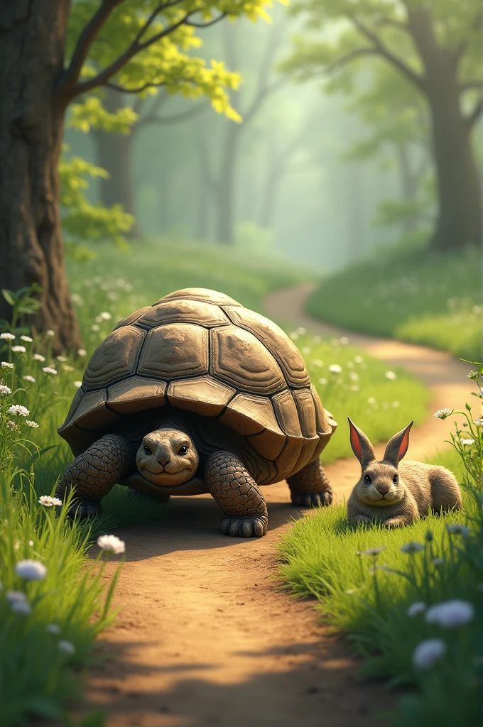 Show the tortoise steadily advancing along the path, passing by the sleeping hare