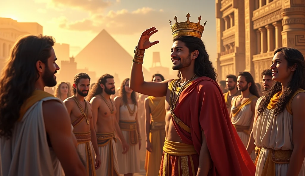 Joseph being crowned second in command of Egypt, with a cheering crowd. The background is a large Egyptian city, with visible pyramids. The colors are vibrant, symbolizing joy and triumph.