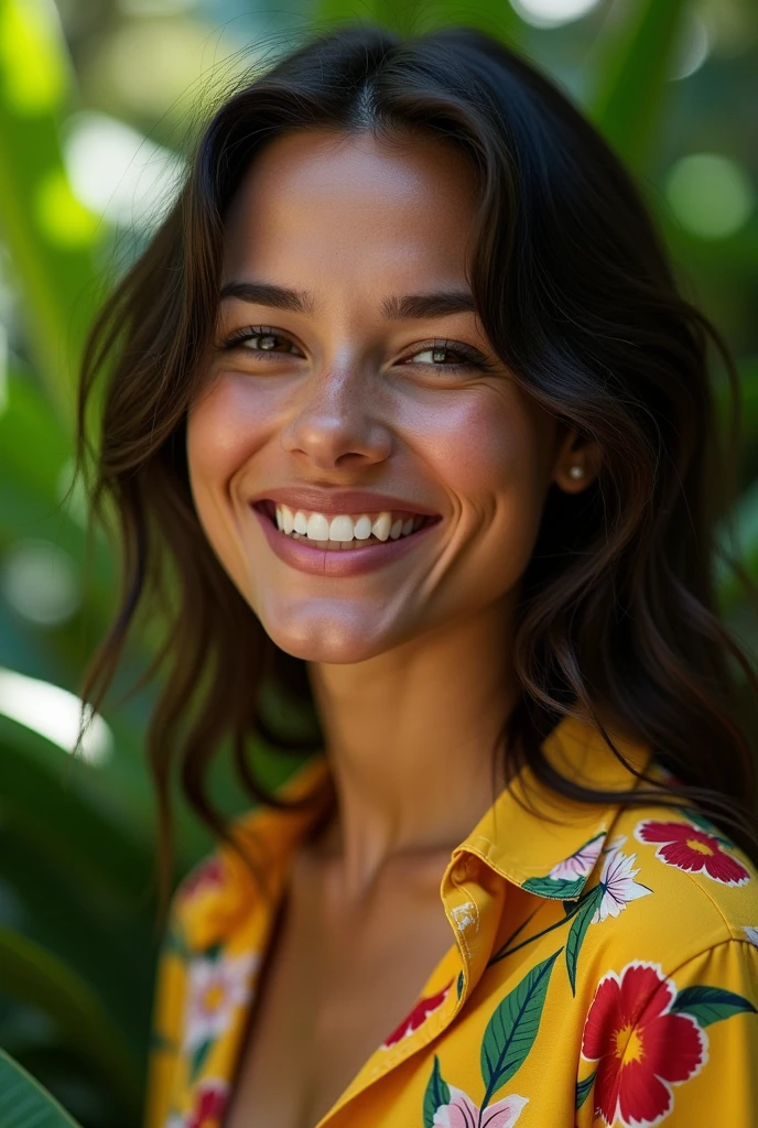 A Brazilian woman in a lush tropical garden, wearing an open shirt with a floral print, with a close-up capturing the harmonious beauty between her breasts and the natural flowers, showing off your natural charm and outgoing personality.