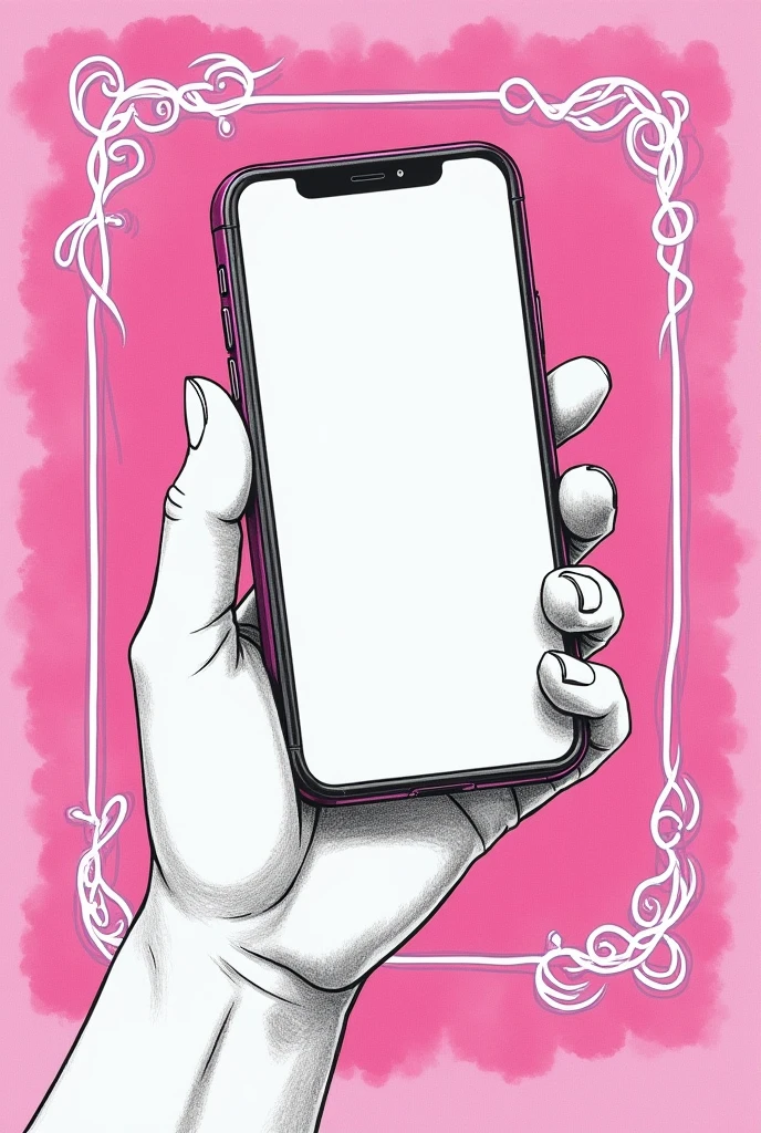 dessin type anime manga au crayon de papier d'un telephone portable en gros plan bien centré au milieu du dessin avec un fond d ecrans rose avec des details fluo sur le contours tenus par une main en chibi