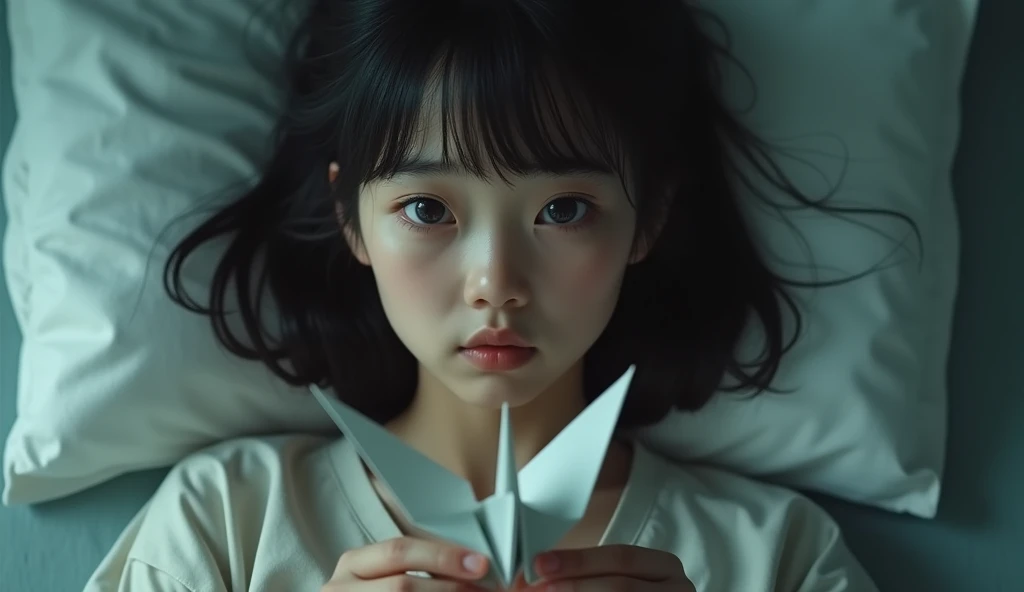 Close-up of an  Japanese girl in a hospital bed in Japan in 1945, holding a paper crane made with origami in his hands, The girl is in a hospital bed