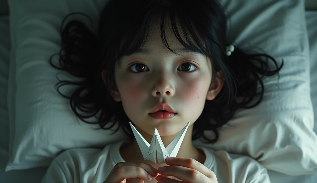 Close-up of an Japanese girl in a hospital bed in Japan in 1945, holding a paper crane made with origami in his hands, The girl is in a hospital bed