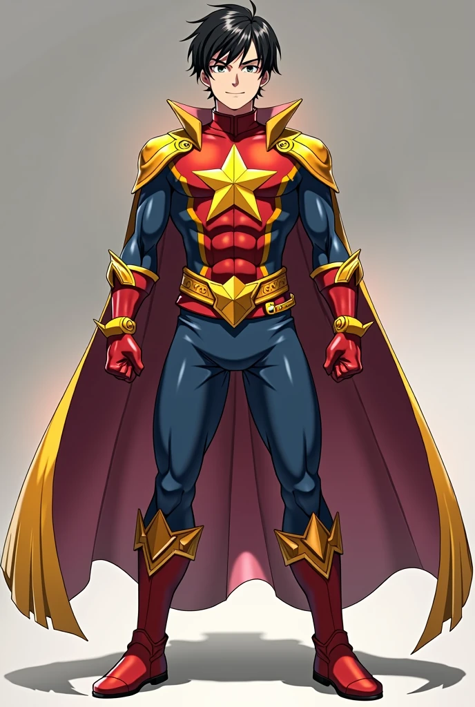 Please draw a realistic full-body character according to the following instructions.「Starlight」This is the hero's explanation.。
1. **Character appearance**:
- **Age and Race**: A young man of Japanese appearance, about 2。
- **Facial features**: A handsome man with a salty face、シャープなFacial features。Well-formed eyes and nose。
- **Hairstyle**: Short black hair。
- **Body Type**: slim and muscular。
2. **Costumes**:
- **tone**: Red and blue are the main。
- **Chest Emblem**: Yellow star。
- **accessories**: Yellow belt with stars、Red gloves and boots。
3. **ポーズとexpression**:
- **gesture**: Guts pose with right hand。
- **expression**: Smiling gently、Be friendly and reassuring。