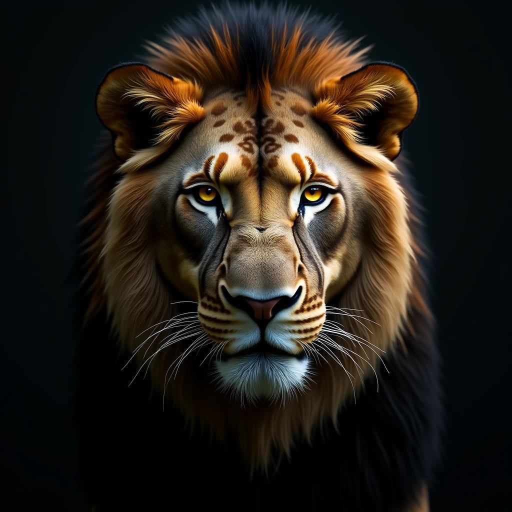 Lion on dark background, only lion's face, near background of muzzle, realistic, looking straight, important