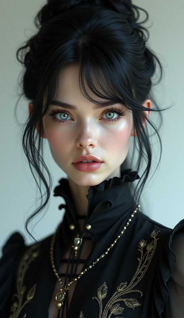 Althea is slender and graceful, with pale skin and jet-black hair that she often wears in elaborate styles. Her eyes are a striking ice blue, always observant and assessing. She prefers dark, elegant clothing, often adorned with subtle but intricate designs that reflect her sophisticated nature.