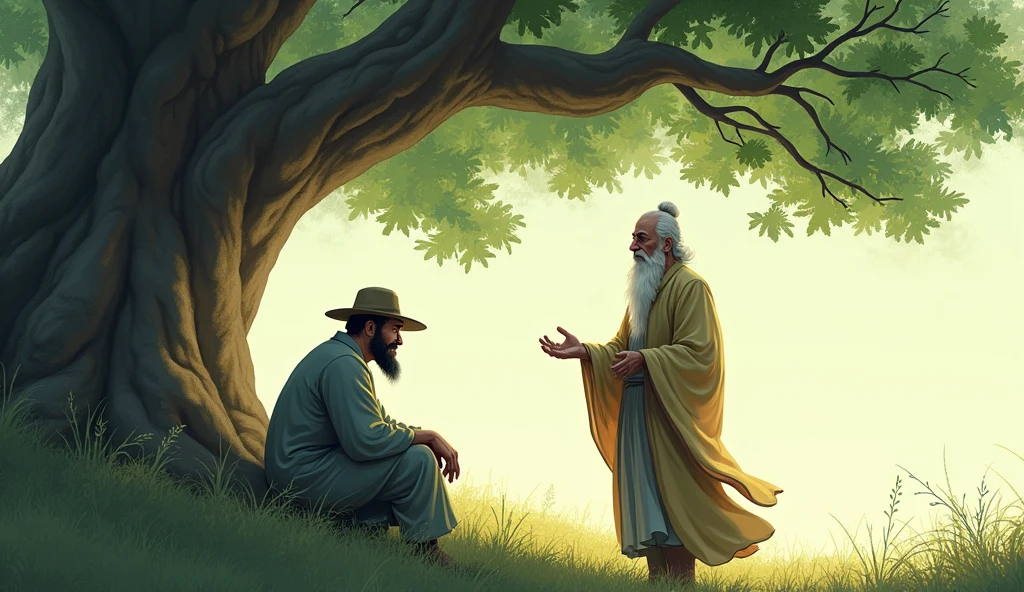 The farmer, looking weary, encounters a serene sage dressed in traditional robes. They are standing under a large, shady tree. The sage, with a gentle smile, is giving advice to the farmer, who is listening intently.