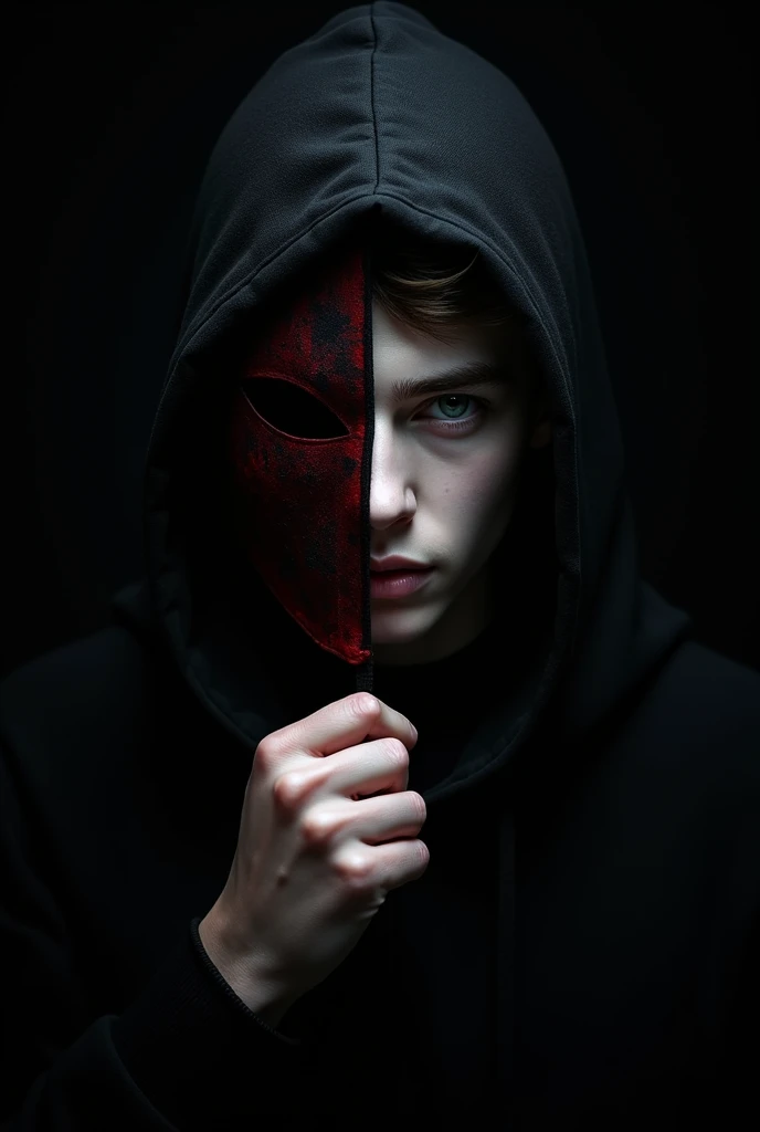 Young man holds a black and red mask with his hand to hide the vertical half of his face. has white skin, black fur, green eyes and a mysterious half smile. Has a black hood. The background is black, is coming out from the shadows