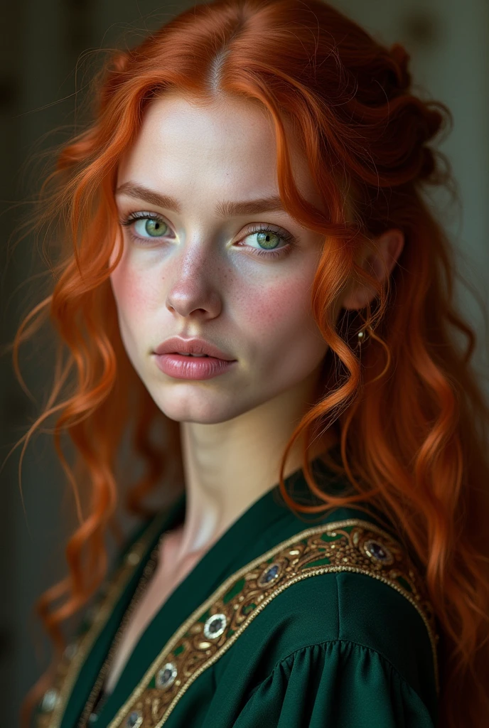 Scottish red-haired woman with green eyes front photo