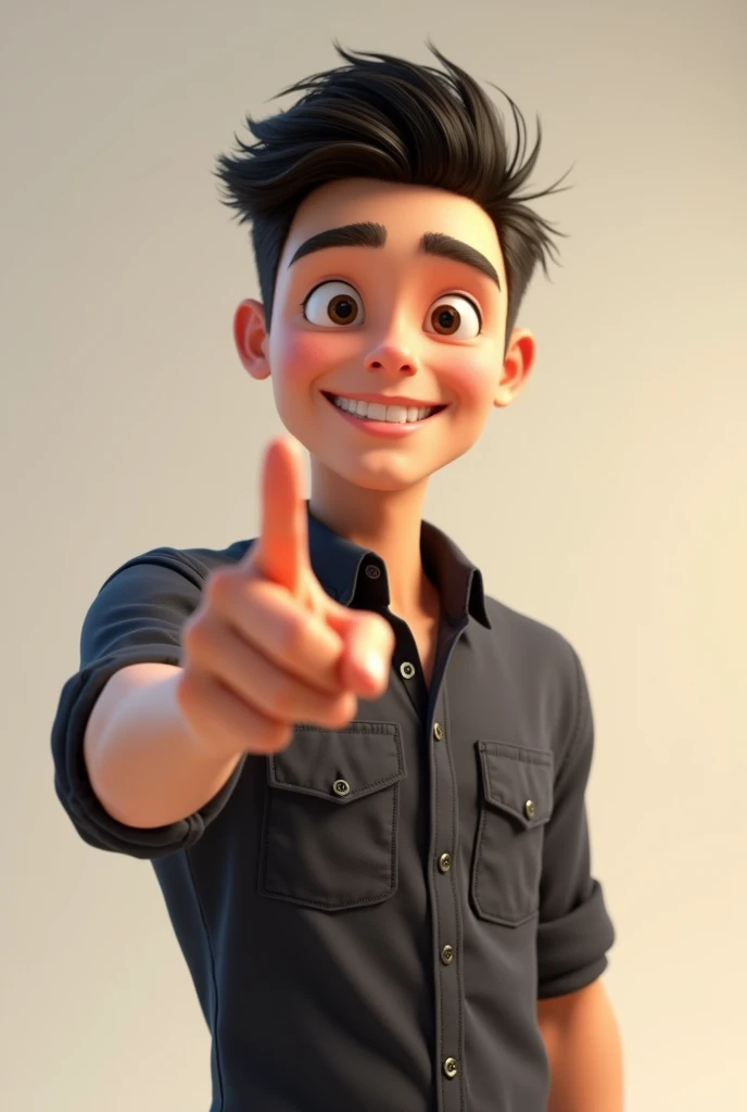 young adult male character pointing with index finger to the right and smiling. The character must be wearing a light black shirt