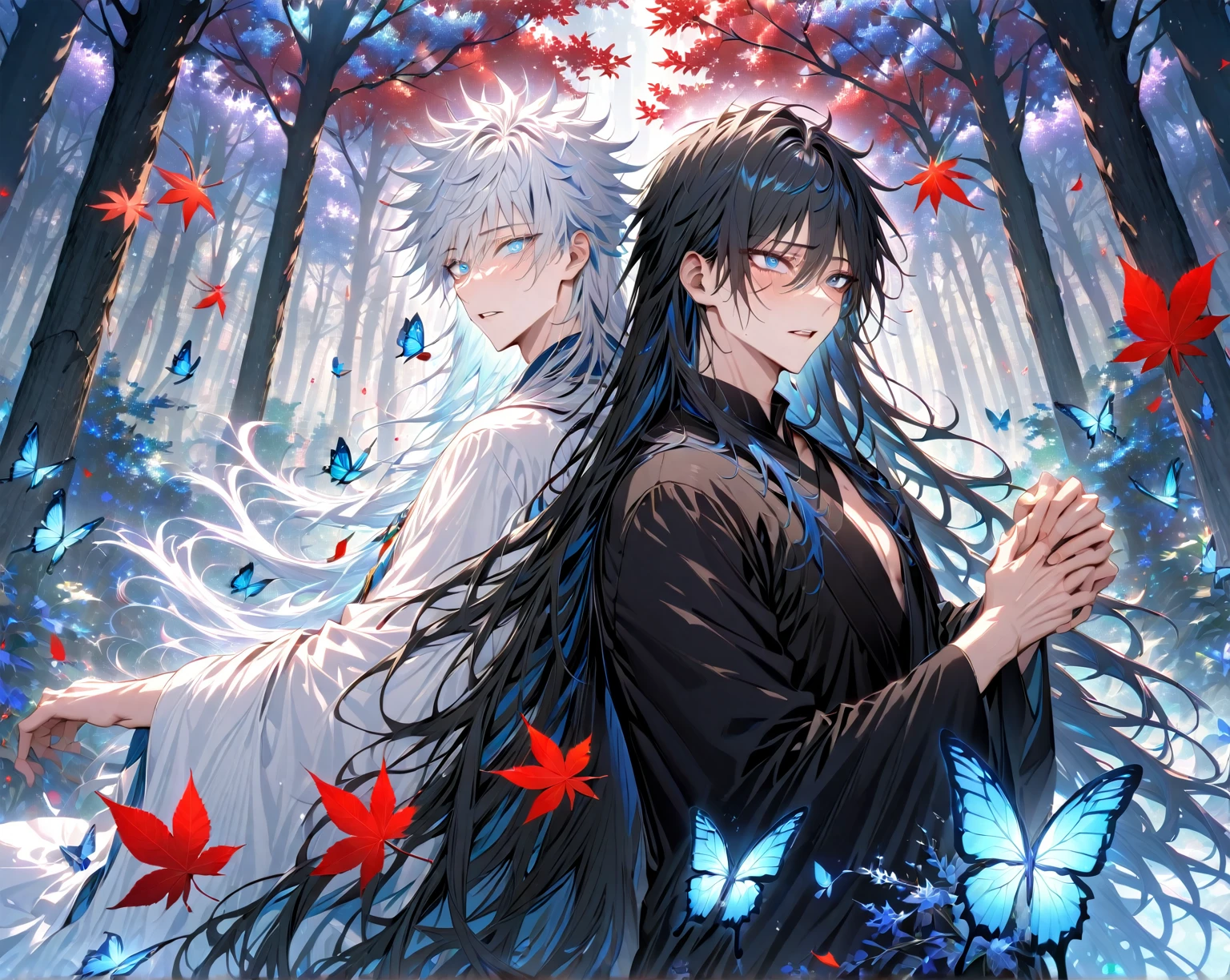 Ultra detailed, Highres, absurdres, HDR, master piece, Gojou Satoru, white hair, long hair, expressive blue eyes, white Chinese robes, Fushiguro Megumi with long hair, black hair, expressive blue eyes, Jujutsu Kaisen, two sexy man together, gay couple, yaoi, black Chinese robes, red leaves, glittering, blue forest, blue butterflies, sensual, fantasy, magical