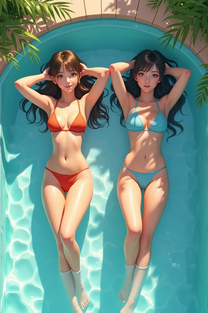 two girls, Youths, bikini in pool 
