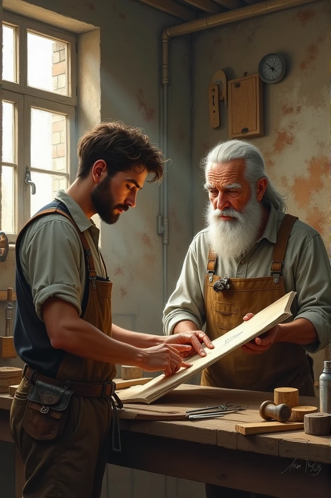 A young man working as a Carpenter in his workshop in the times 1999 and a wise old man giving him advice in an old painted drawing