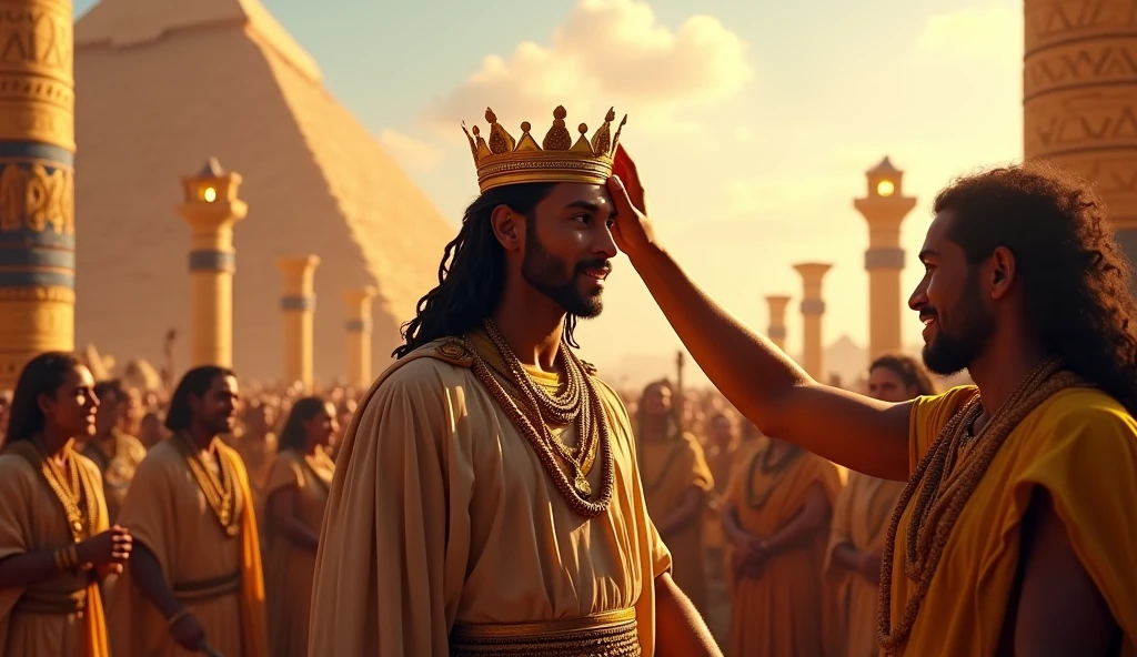 Joseph being crowned second in command of Egypt, with a cheering crowd. The background is a large Egyptian city, with visible pyramids. The colors are vibrant, symbolizing joy and triumph.