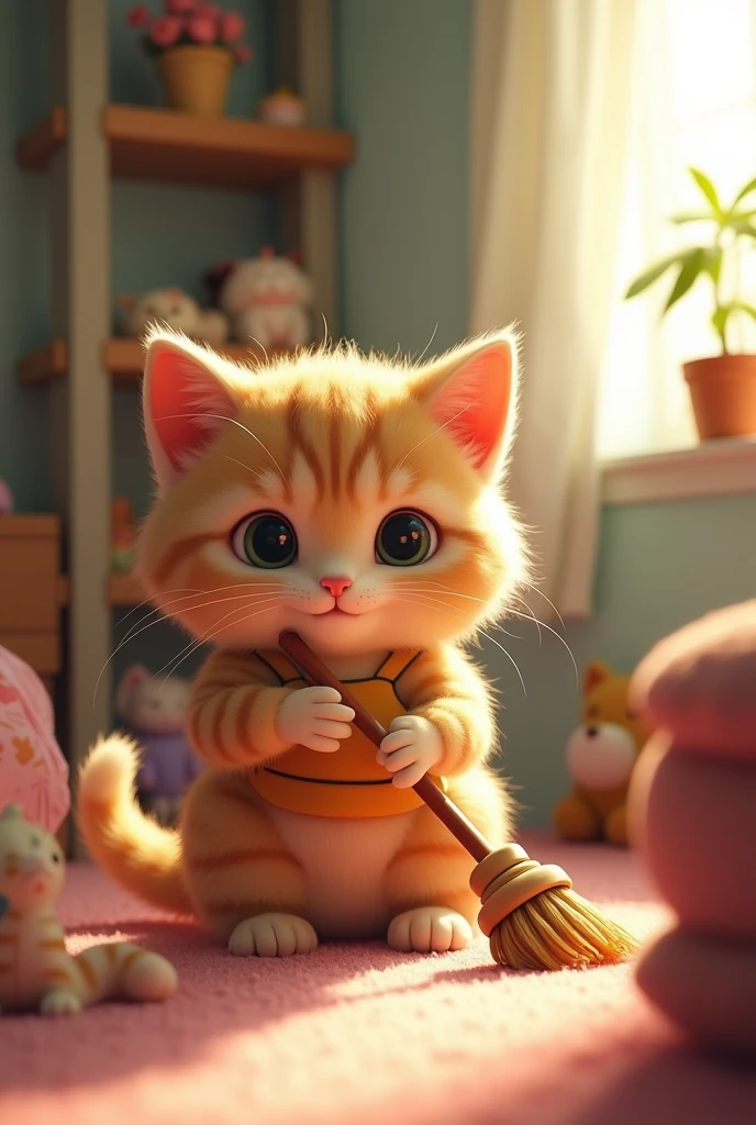 The cat is sweeping his room