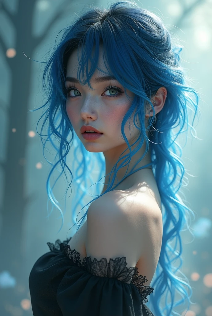 Create a half-naked girl with light blue and black hair