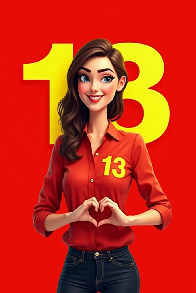 Create a mascot for WhatsApp profile pictures that will symbolize an I.In the colors red and yellow, called 13zinho, which symbolizes a person running for mayor. The image must represent a young person with 13 behind the image. The blouse must be red and the image behind the 13 must also be red. There must be 13 on the blouse and 13 behind so that it is more visible. The arms must be united and make the heart symbol.