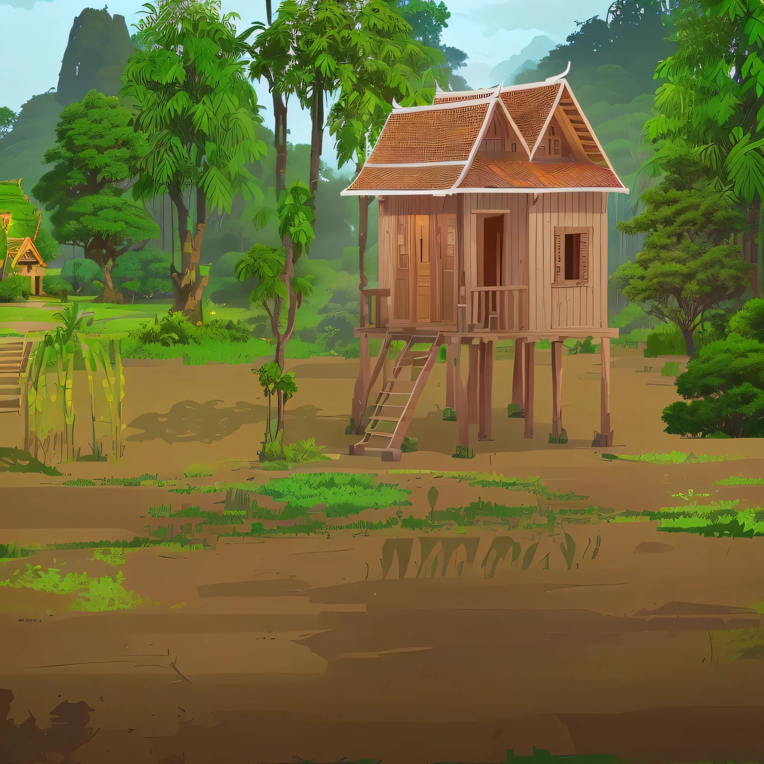 there is a small house in the middle of a field, 2 d game environment design, background depicting a temple, the small house in the forest, random background scene, tribe huts in the jungle, the jungle at the background, my home, 2 d game art background, the background is lush jungle, jungle in background, temple background, 2d game background