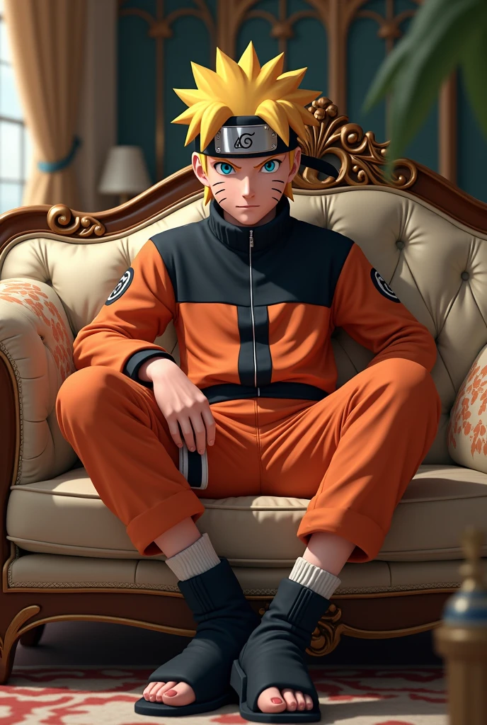 Naruto with money setting on sofa with showoff attitude
