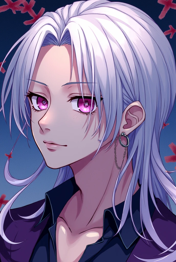 A BOY MALE GENDER,white hair,pink eyes,white eyelashes and eyebrows,with a calm, relaxed and calm expression,light skin tone,very beautiful,straight but long hair and violet highlights,that his appearance is more masculine and that he has two silver hoops in his ear,and also that he has a mole under his eye,all this in the drawing style of ONE PIECE