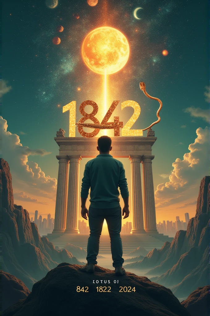 A movie poster , with half moon and half sun and show casing a temple has a tiltle on back of male body1842,a image, a city and showning date of 1842-2024a snake coiled to title