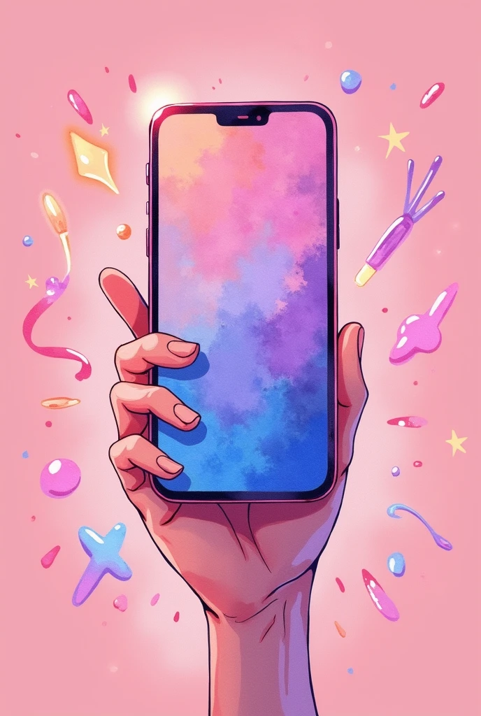 dessin type anime manga en aquarel d'un telephone portable en gros plan bien centré au milieu du dessin avec un fond d ecrans rose avec des details fluo sur le contours tenus par une main en chibi
