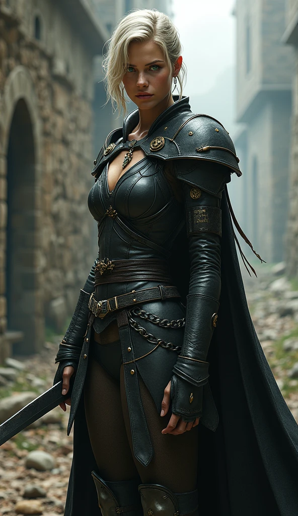 Isolde is tall and muscular, with a commanding presence that intimidates those around her. She has short, ash-blonde hair and piercing green eyes that seem to see through lies. Her attire is more functional than decorative, often consisting of dark leather and steel that allow for ease of movement in combat.