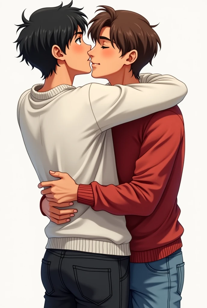 a black haired boy, Red eyes, slightly brown skin, black jeans and a white sweatshirt, another brown haired boy, green eyes, brown skin, with blue jeans, red shirt and kissing the other boy