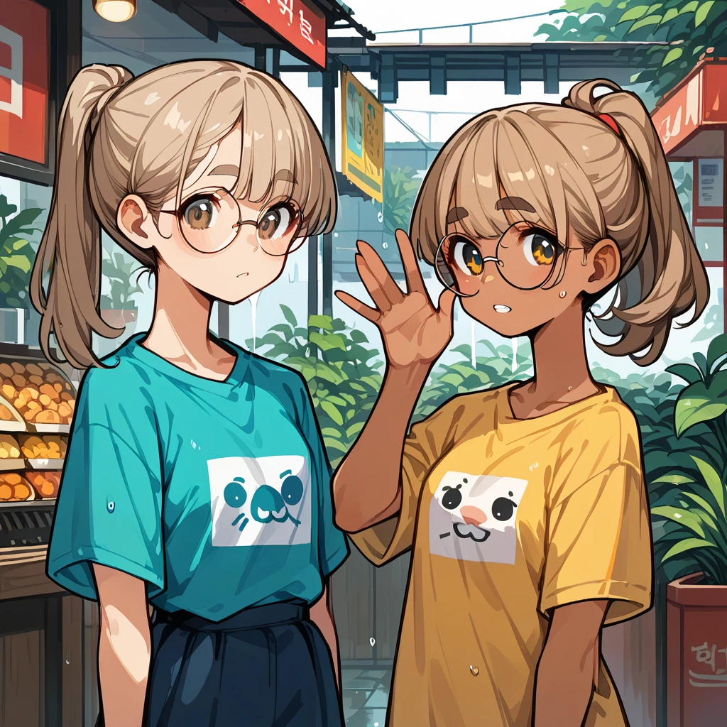2 girls，pixel style，Beautiful girl game style，Meeting in the rain，girl 1，20 years old，Light brown curly double ponytail，big round glasses，wearing a sweater，The whole body was soaked by the rain。

第2 girls，relatively short，Wearing a 3XL solid color T-shirt，Slightly transparent when wet，black bob haircut，Slightly brown skin，Thick eyebrows and tiger teeth，Slightly worried and cute expression，waving。The background is the exterior of a vintage restaurant。
2 girls, Looking up at the camera, Wide-angle lens, background defocusing, 