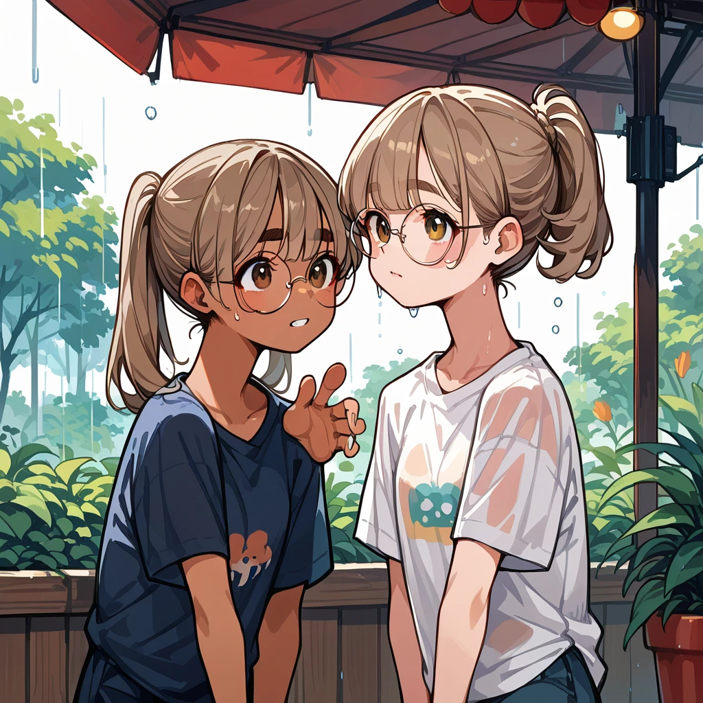 2 girls，pixel style，Beautiful girl game style，Meeting in the rain，girl 1，20 years old，Light brown curly double ponytail，big round glasses，wearing a sweater，The whole body was soaked by the rain。

第2 girls，relatively short，Wearing a 3XL solid color T-shirt，Slightly transparent when wet，black bob haircut，Slightly brown skin，Thick eyebrows and tiger teeth，Slightly worried and cute expression，waving。The background is the exterior of a vintage restaurant。
2 girls, Looking up at the camera, Wide-angle lens, background defocusing, 