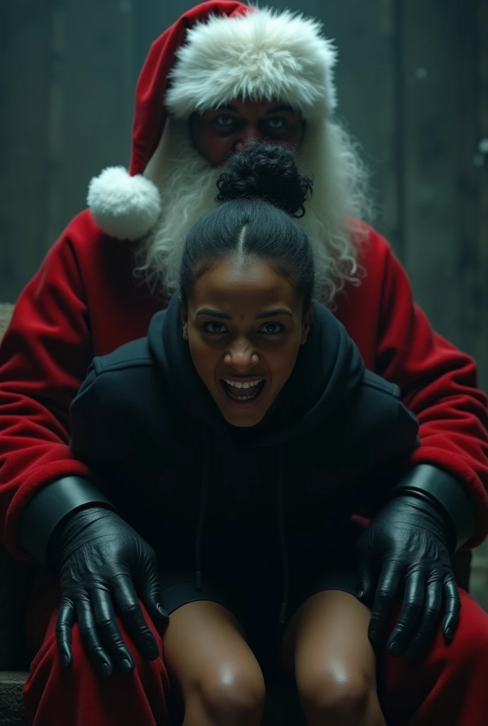 black woman hair in a bun black hoodie black leather short shorts eye wide open and scared look on her face setting on a scary santa claus lap