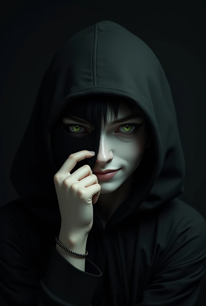 Young man holds a mask with his hand to hide the vertical half of his face. has white skin, black fur, green eyes and a mysterious half smile. Has a black hood. The background is black, is coming out from the shadows